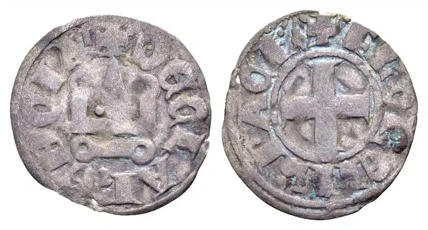 Kruisvaarders, Prinsdom Achaea. Floris van Henegouwen (Florent de Hainaut) 1289-1297 Billon Denier Tournois. Clarenza